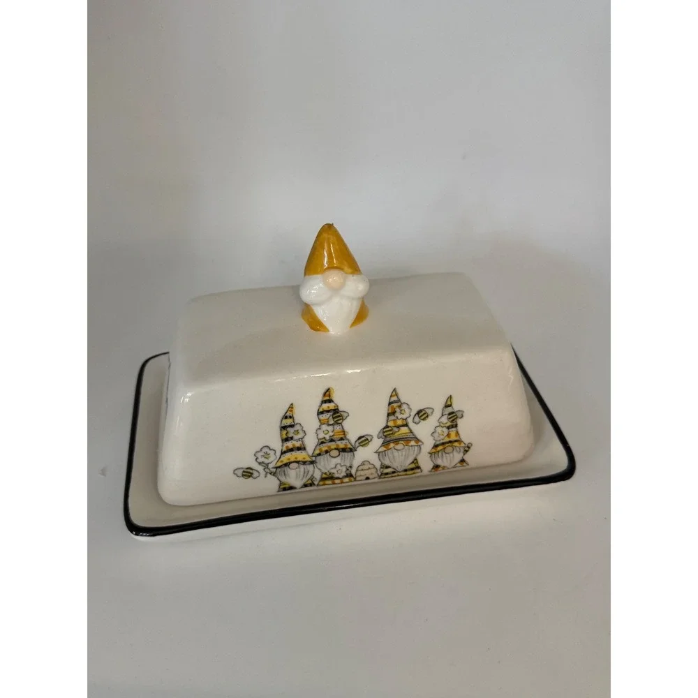 Heartland Hive Ceramic Butter Dish with Lid Yellow Garden Gnome Bee Theme